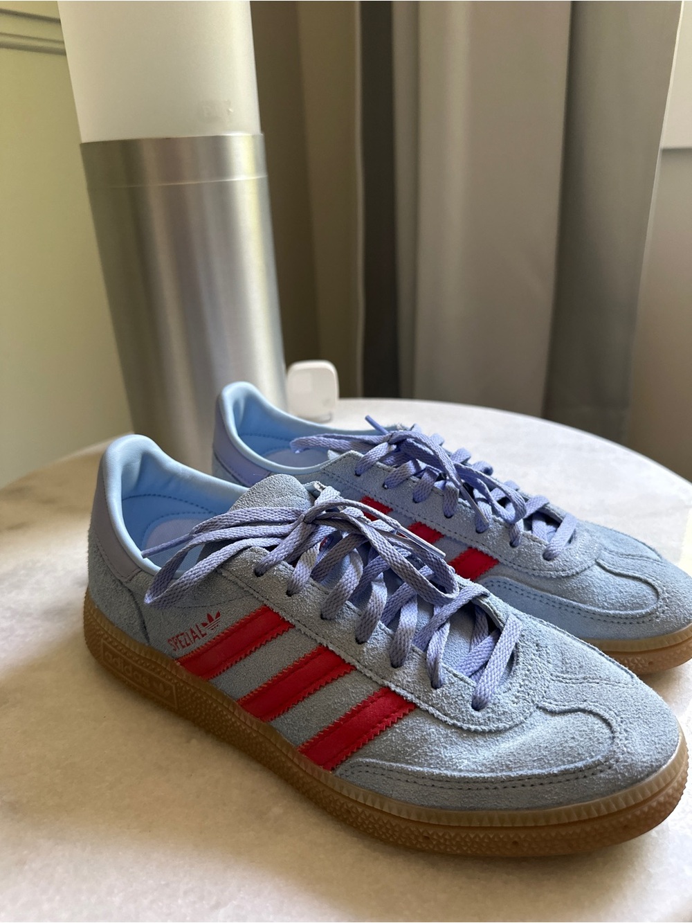 adidas Women's Light Blue Suede Sneakers with Red Stripes